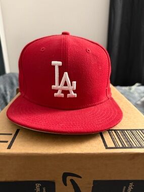 New Era Red LA Baseball Cap with White Logo 7 1/2